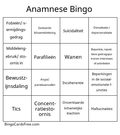 Anamnese Bingo Psych Kaarten Gratis Pdf Afdrukbaar spel, Title: Anamnese Bingo